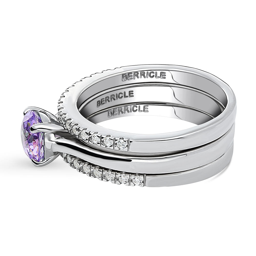 Kaleidoscope Solitaire Purple Aqua CZ Ring Set in Sterling Silver