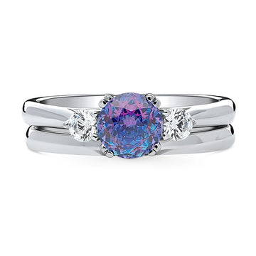 3-Stone Kaleidoscope Purple Aqua Round CZ Ring Set in Sterling Silver