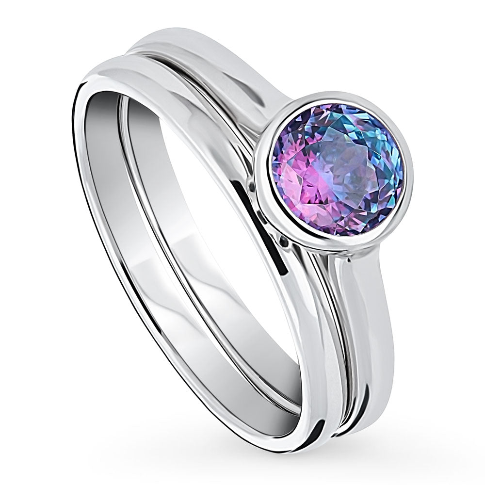 Front view of Solitaire Kaleidoscope Purple Aqua CZ Ring Set in Sterling Silver, 3 of 14