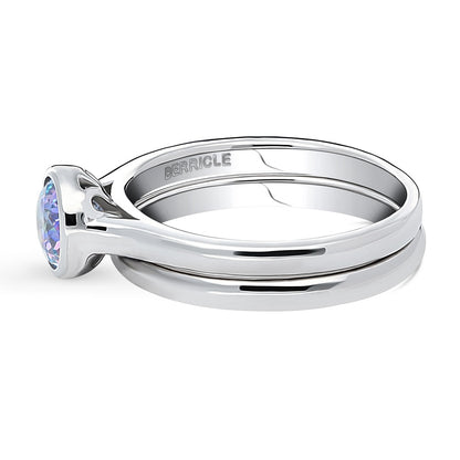 Solitaire Kaleidoscope Purple Aqua CZ Ring Set in Sterling Silver