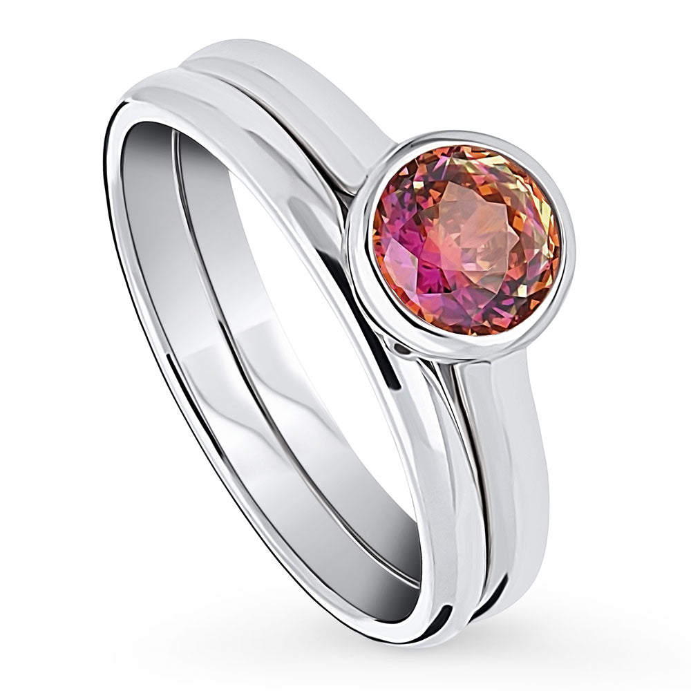 Front view of Kaleidoscope Red Orange Bezel Set CZ Ring Set in Sterling Silver, 3 of 14