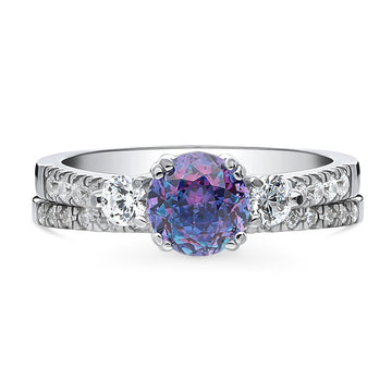 3-Stone Kaleidoscope Purple Aqua Round CZ Ring Set in Sterling Silver