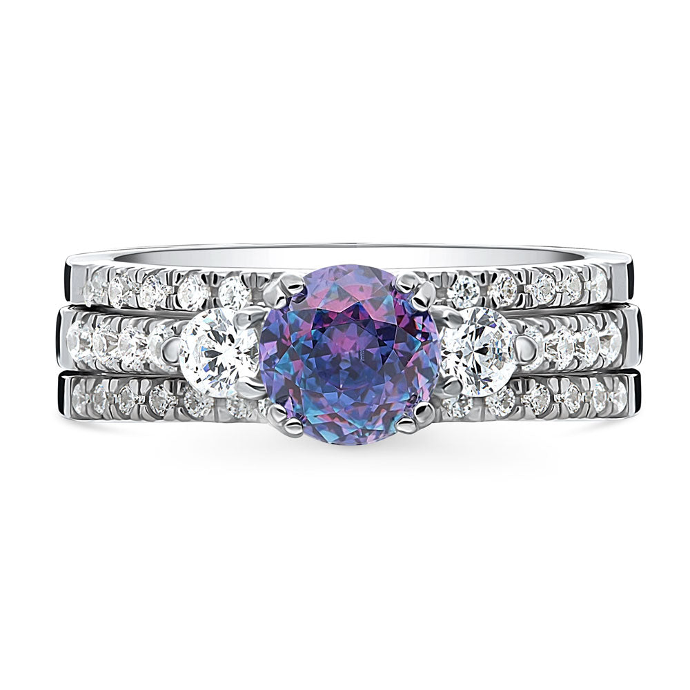 3-Stone Kaleidoscope Purple Aqua Round CZ Ring Set in Sterling Silver