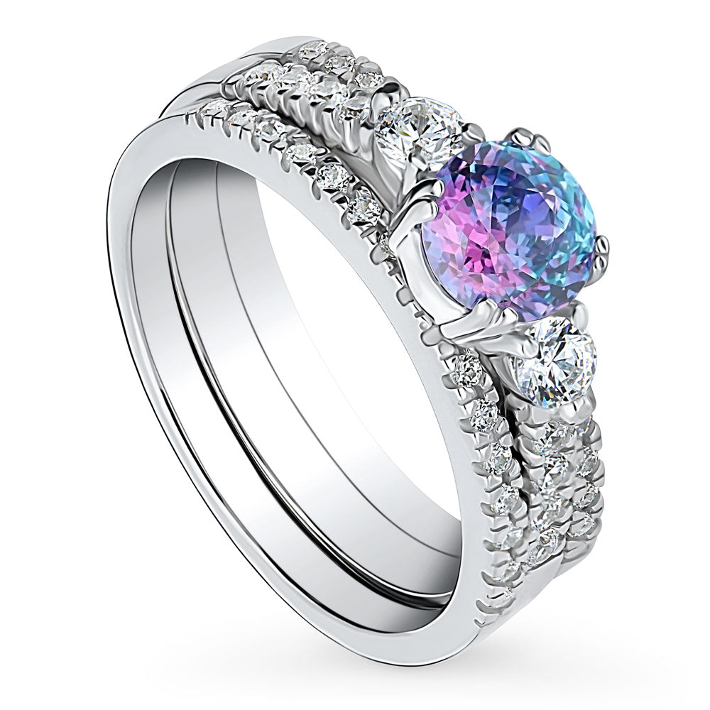 3-Stone Kaleidoscope Purple Aqua Round CZ Ring Set in Sterling Silver