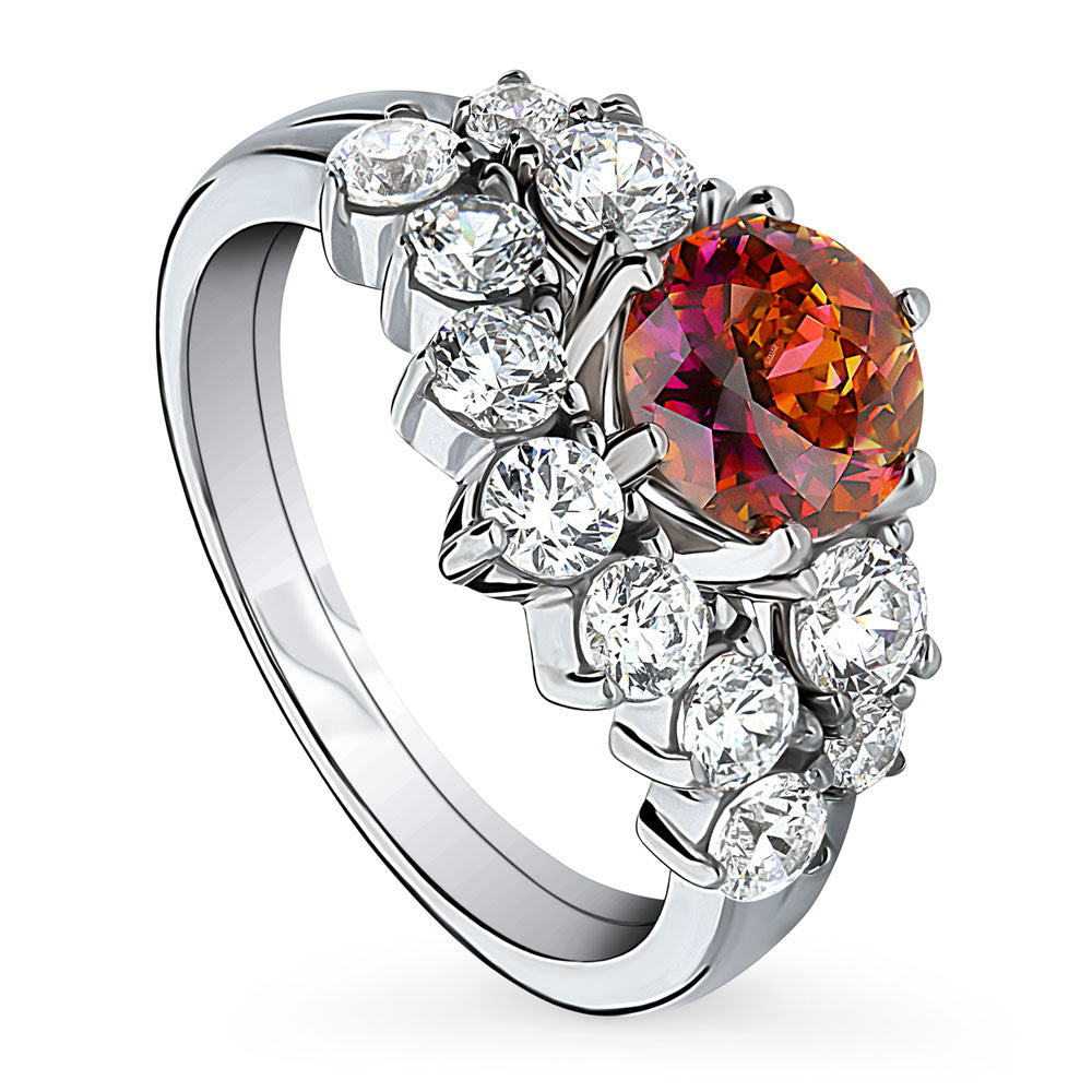 Kaleidoscope Solitaire Red Orange CZ Ring Set in Sterling Silver, front view