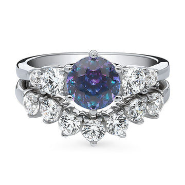 Kaleidoscope Solitaire Purple Aqua CZ Ring Set in Sterling Silver