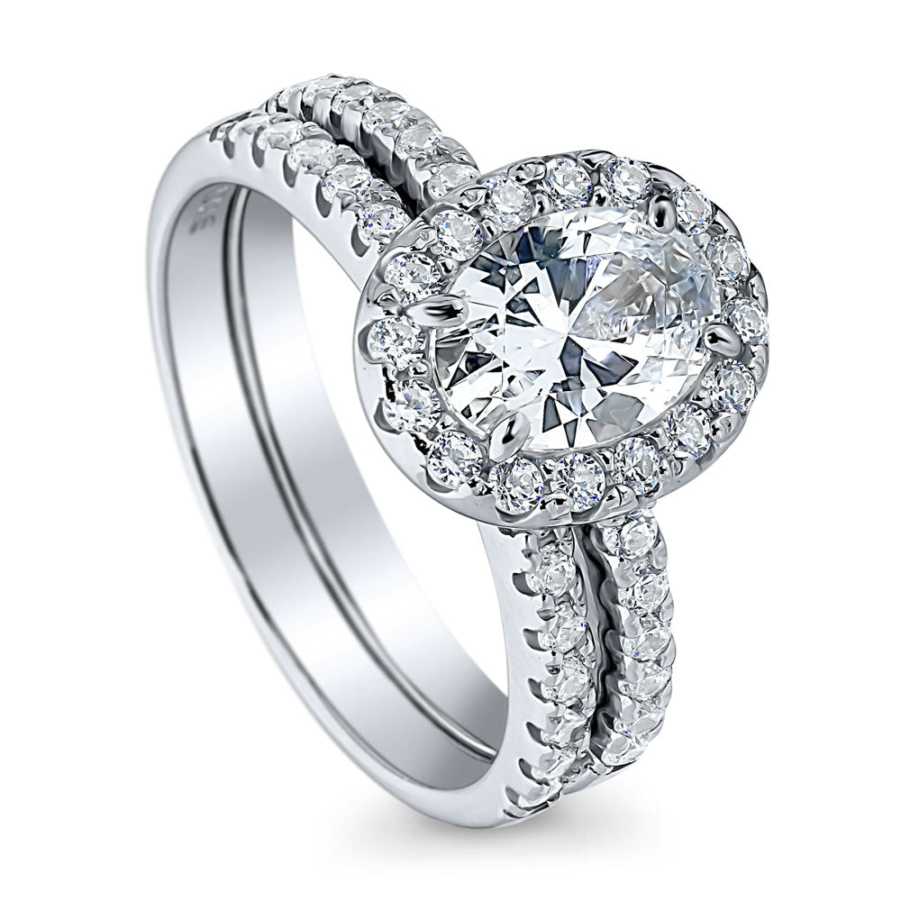 Front view of Halo Oval CZ Ring Set in Sterling Silver, 2 of 16