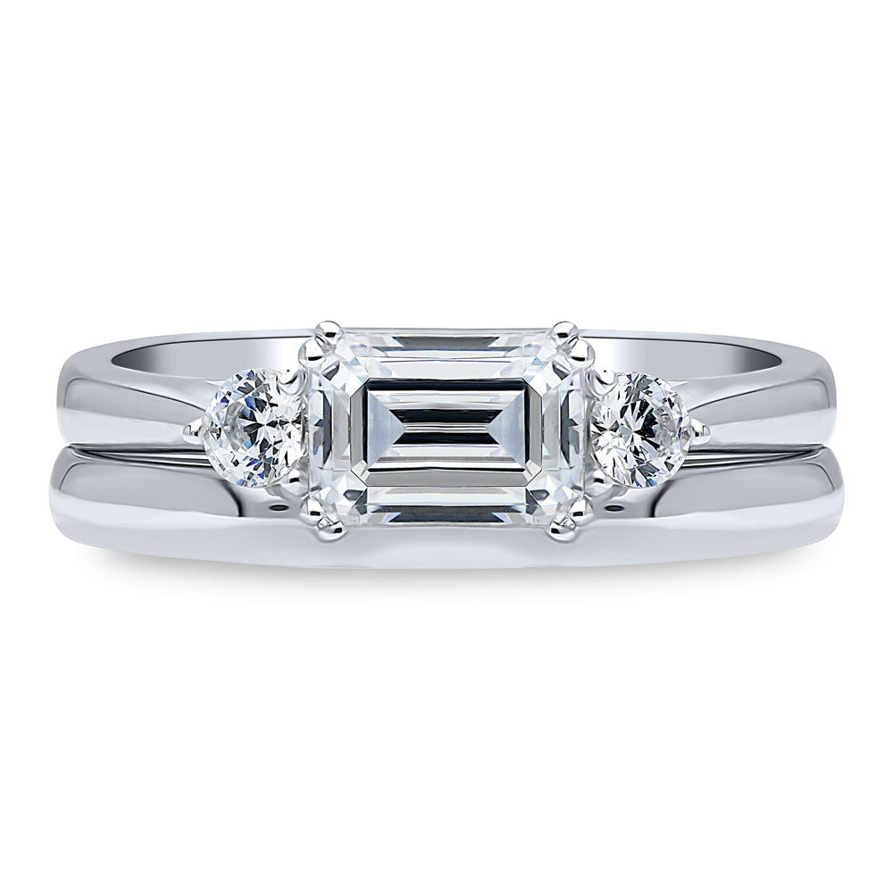 3-Stone East-West Emerald Cut CZ Ring Set in Sterling Silver, 1 of 13