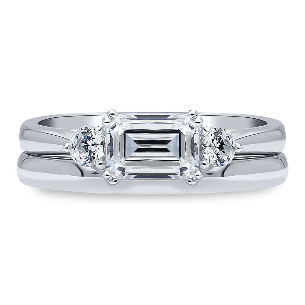 3-Stone East-West 1ct Emerald Cut CZ Ring Set in Sterling Silver, 1 of 13
