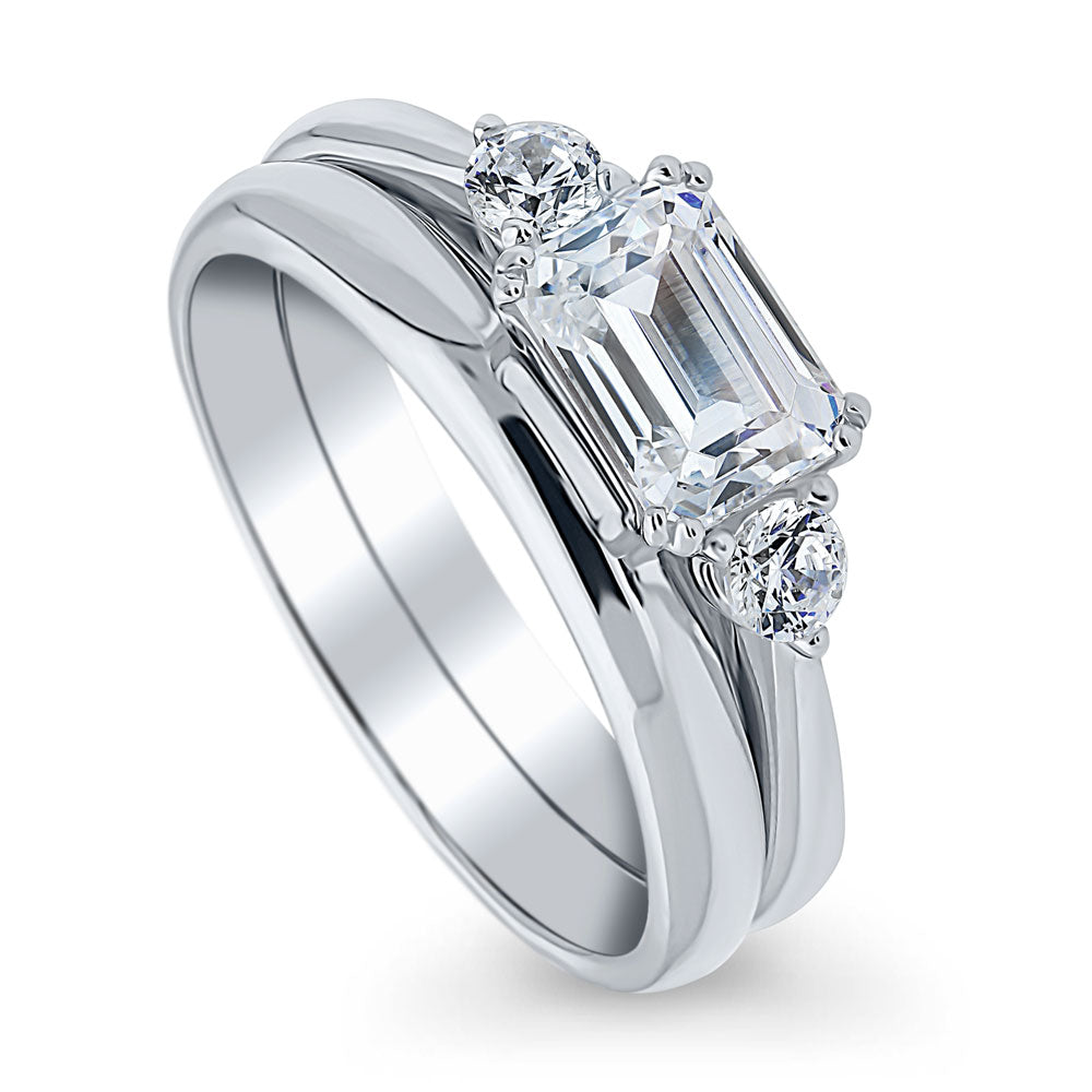 Front view of 3-Stone East-West 1ct Emerald Cut CZ Ring Set in Sterling Silver, 4 of 13