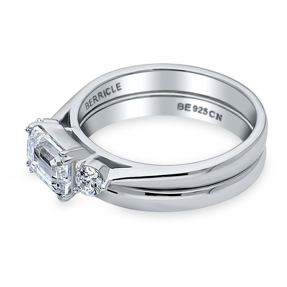 Angle view of 3-Stone East-West 1ct Emerald Cut CZ Ring Set in Sterling Silver, 5 of 13
