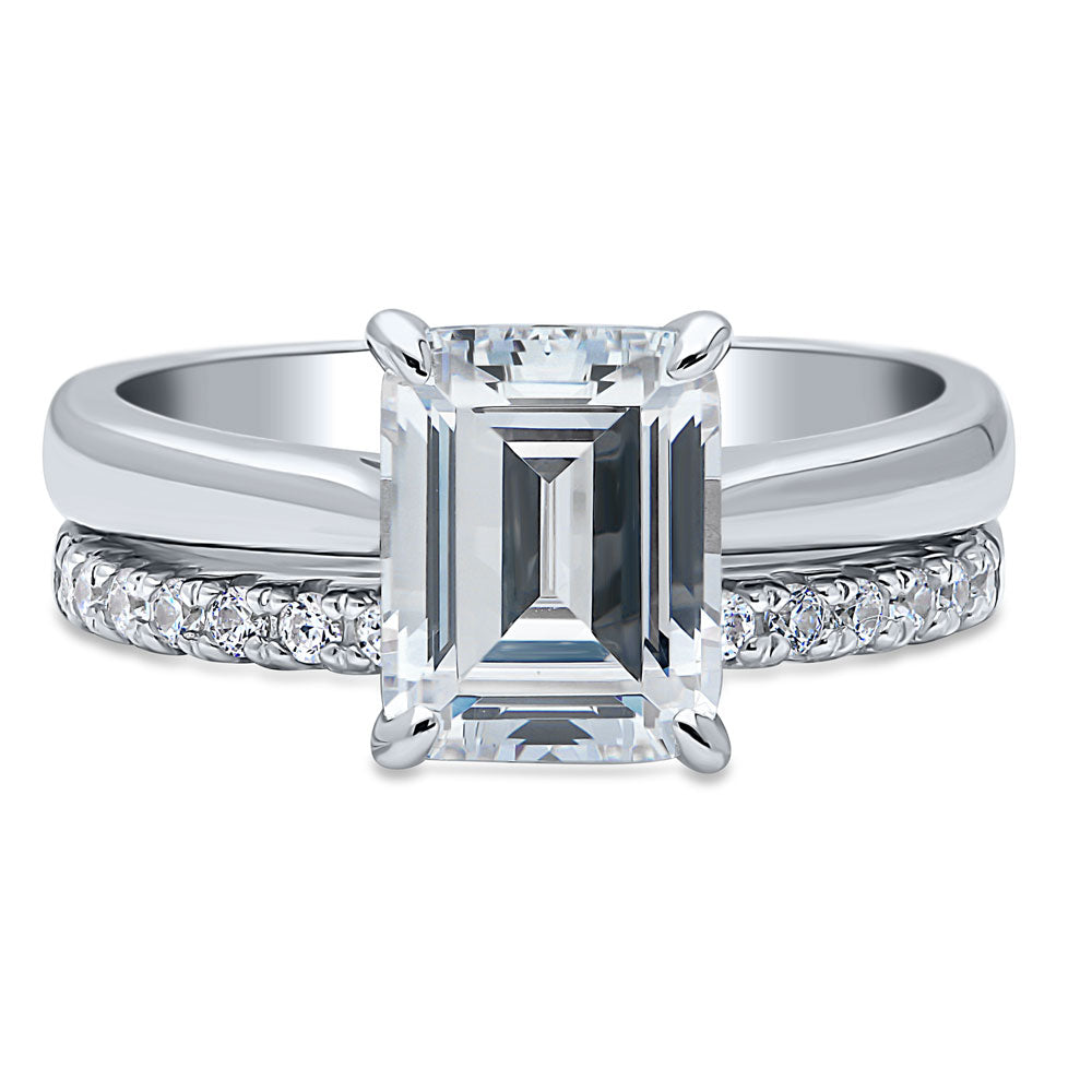 Solitaire 2.6ct Emerald Cut CZ Ring Set in Sterling Silver