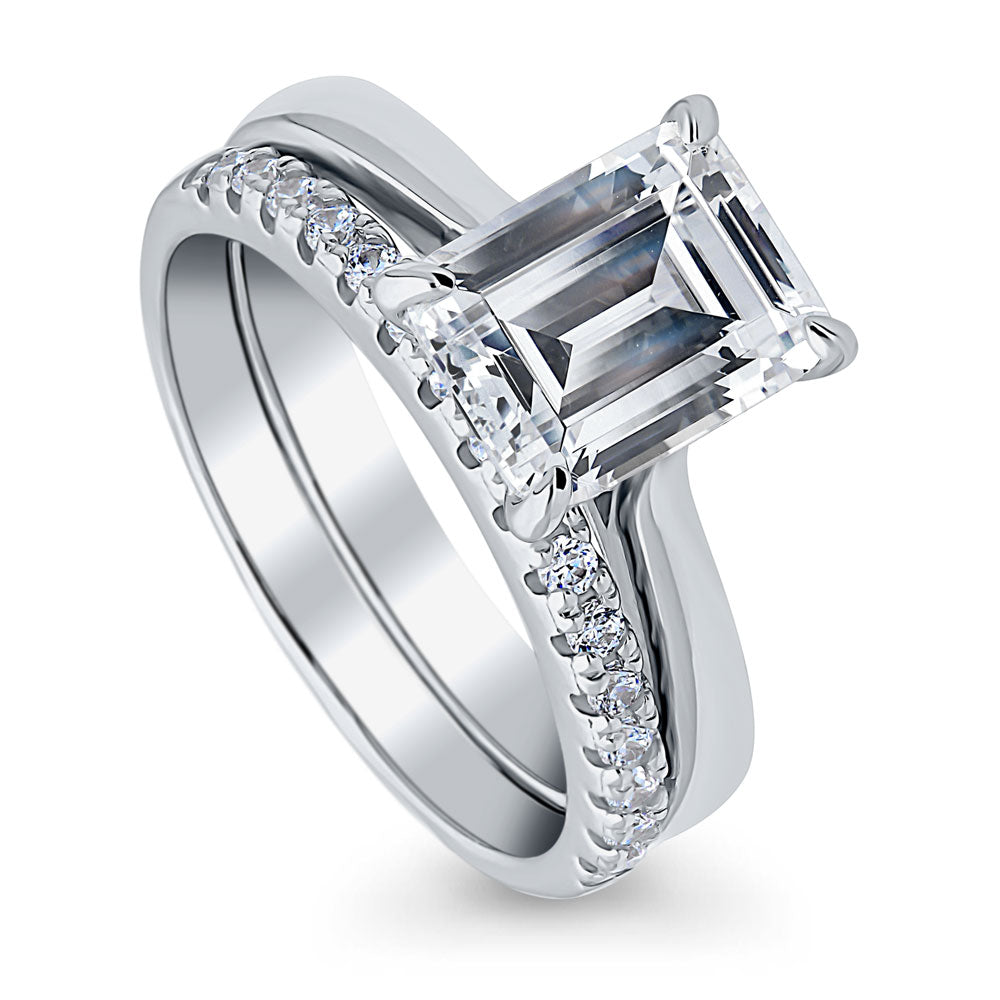 Solitaire 2.6ct Emerald Cut CZ Ring Set in Sterling Silver