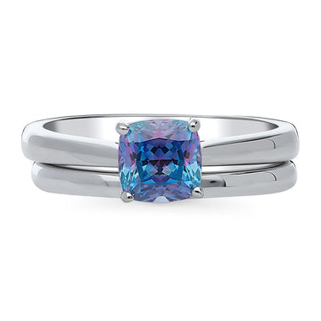 Kaleidoscope Solitaire Purple Aqua CZ Ring Set in Sterling Silver