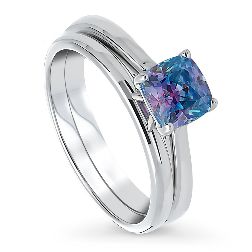 Front view of Kaleidoscope Solitaire Purple Aqua CZ Ring Set in Sterling Silver, 4 of 12