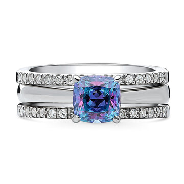 Kaleidoscope Solitaire Purple Aqua CZ Ring Set in Sterling Silver
