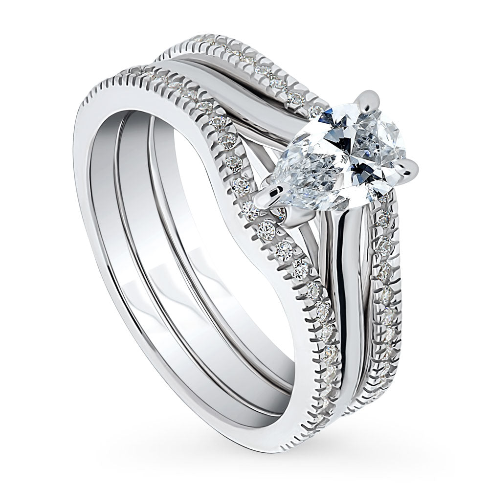 Front view of Solitaire Wishbone 0.8ct Pear CZ Ring Set in Sterling Silver, 4 of 13