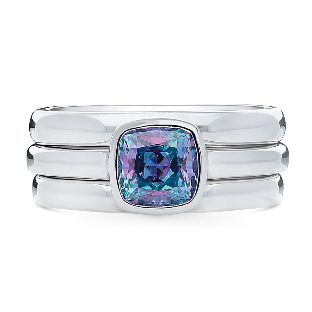 Kaleidoscope Purple Aqua Bezel Set CZ Ring Set in Sterling Silver