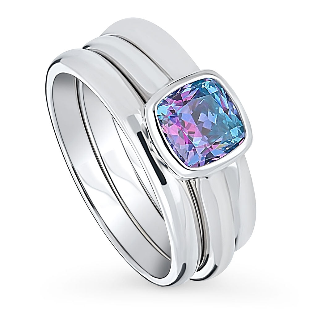 Kaleidoscope Purple Aqua Bezel Set CZ Ring Set in Sterling Silver