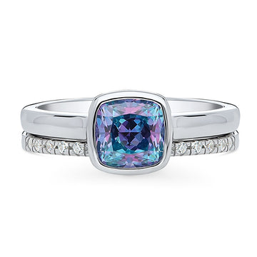 Kaleidoscope Purple Aqua Bezel Set CZ Ring Set in Sterling Silver
