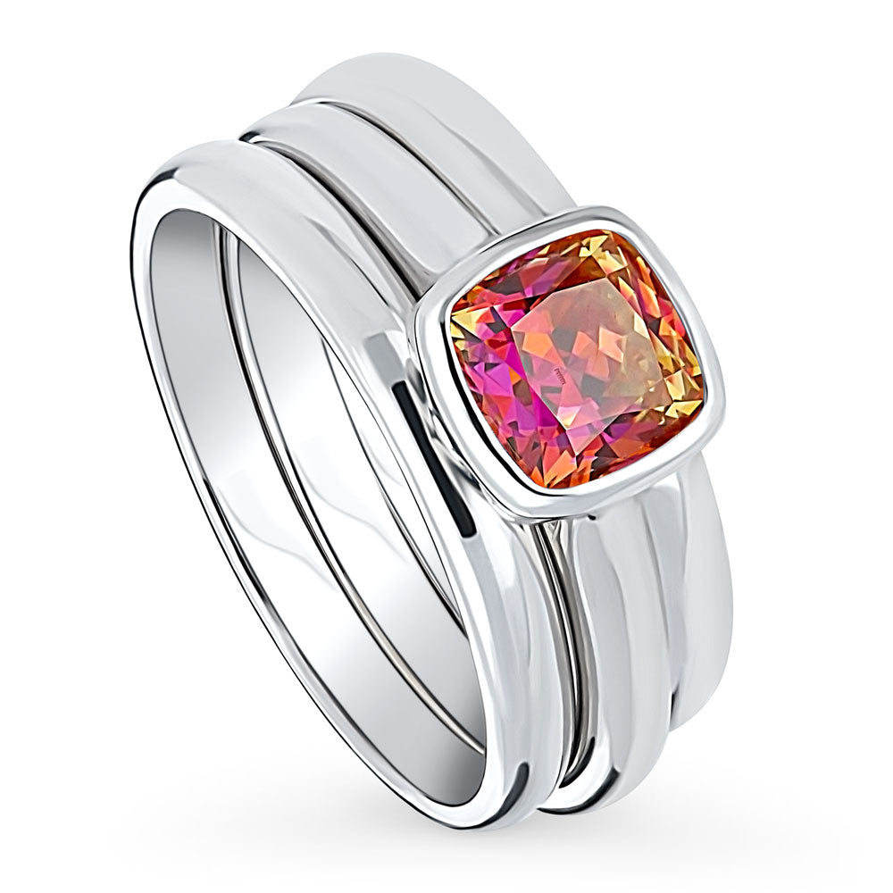 Front view of Kaleidoscope Red Orange Bezel Set CZ Ring Set in Sterling Silver, 4 of 11