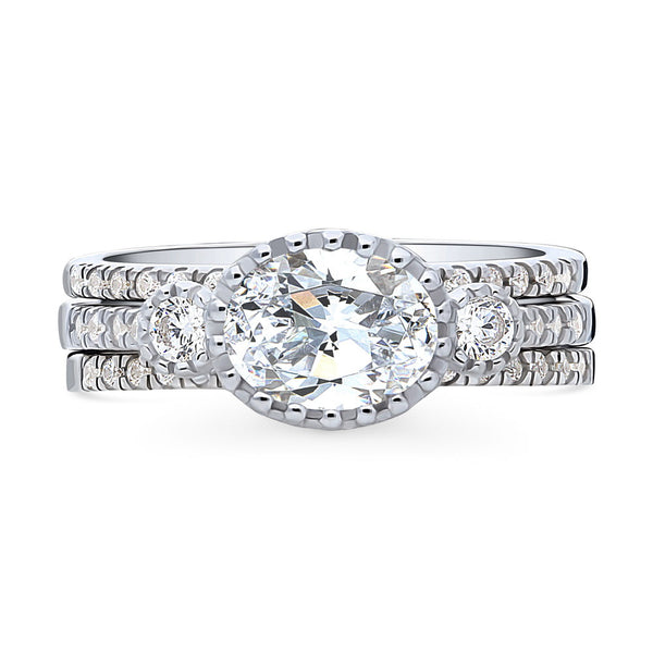 Silver 3-Stone 1.2ct Oval Cut CZ Wedding Engagement Ring Set