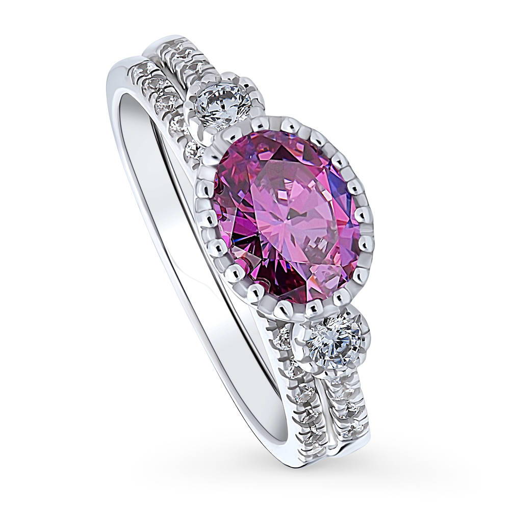 Front view of 3-Stone Purple Oval CZ Ring Set in Sterling Silver, 4 of 13