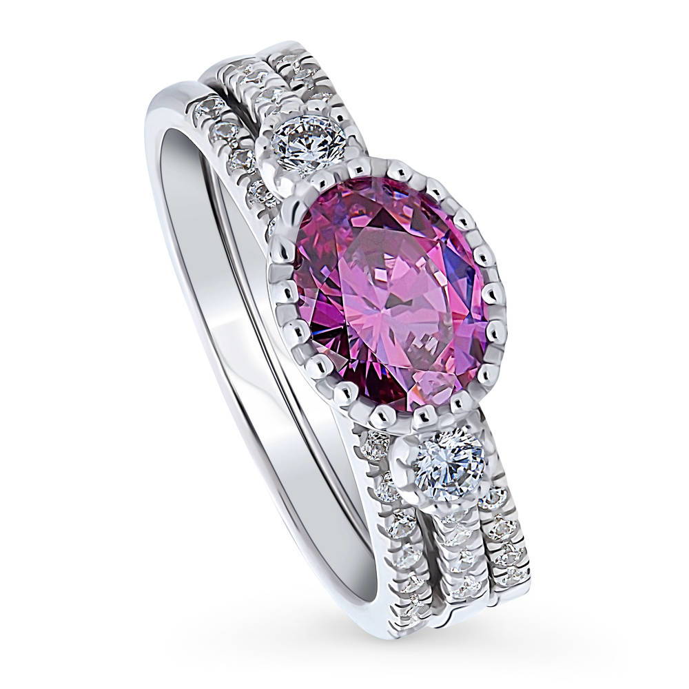 Front view of 3-Stone Purple Oval CZ Ring Set in Sterling Silver, 4 of 13