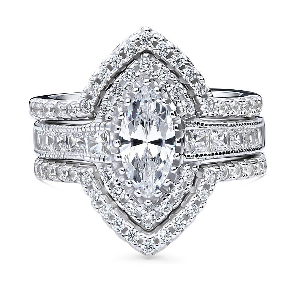 Halo Milgrain Marquise CZ Ring Set in Sterling Silver