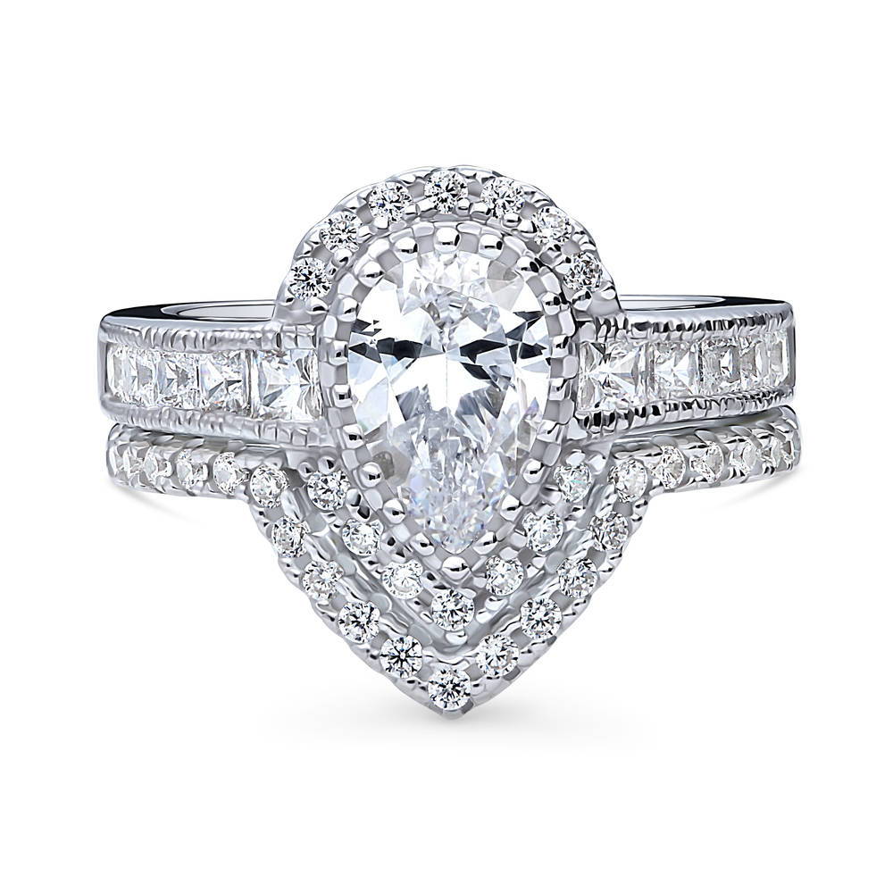 Halo Milgrain Pear CZ Ring Set in Sterling Silver