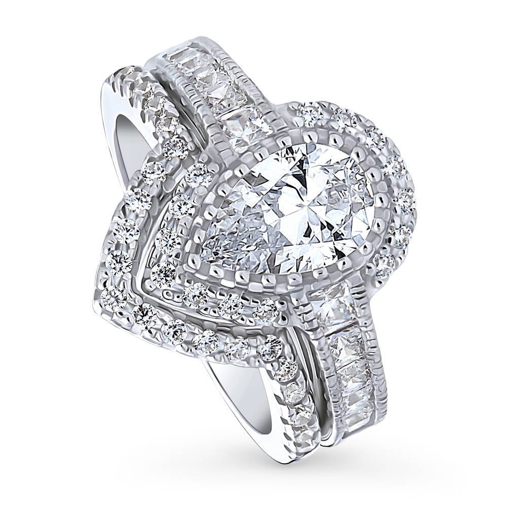 Halo Milgrain Pear CZ Ring Set in Sterling Silver