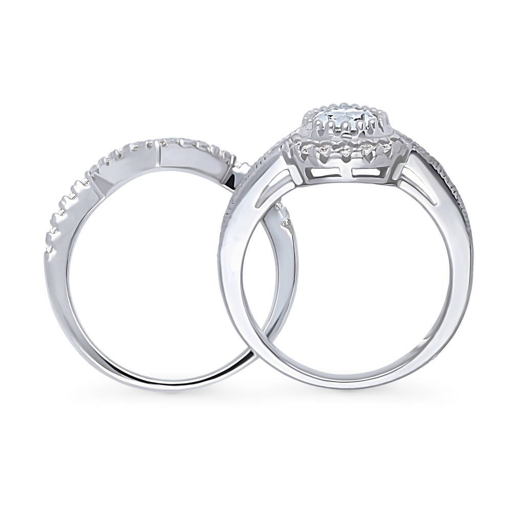 Halo Milgrain Pear CZ Ring Set in Sterling Silver