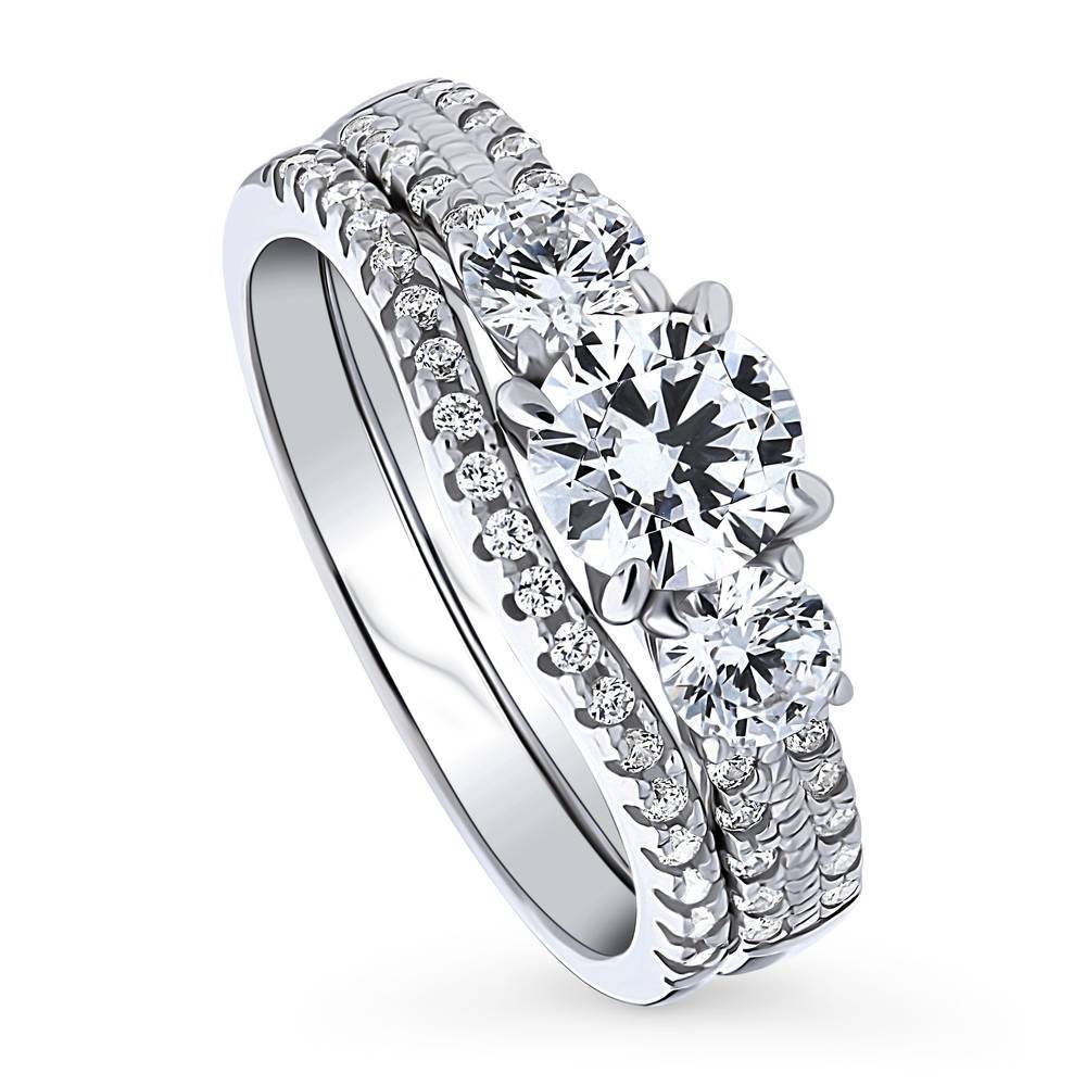 Front view of 3-Stone Round CZ Ring Set in Sterling Silver