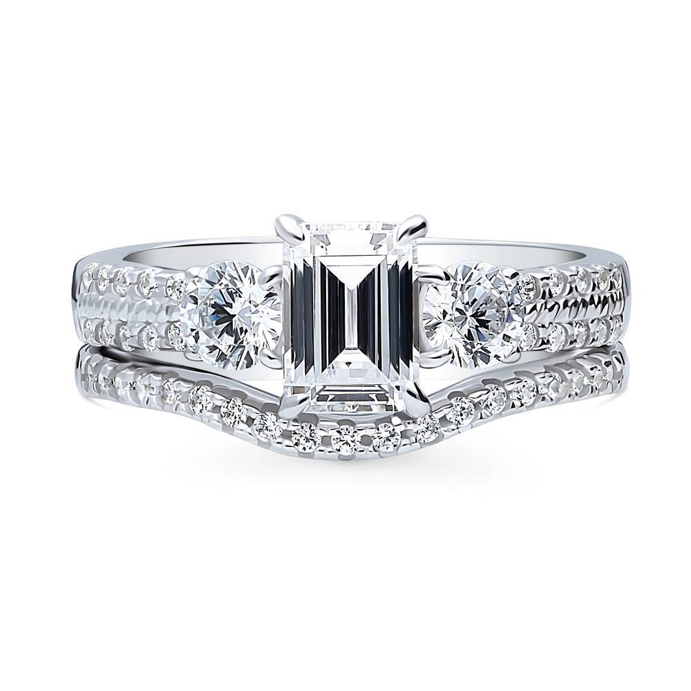 3-Stone Emerald Cut CZ Ring Set in Sterling Silver
