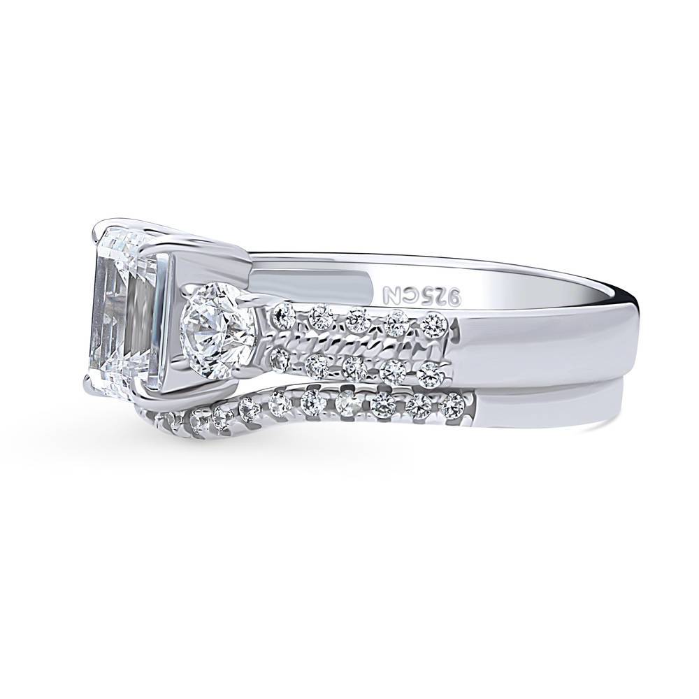 Angle view of 3-Stone Emerald Cut CZ Ring Set in Sterling Silver