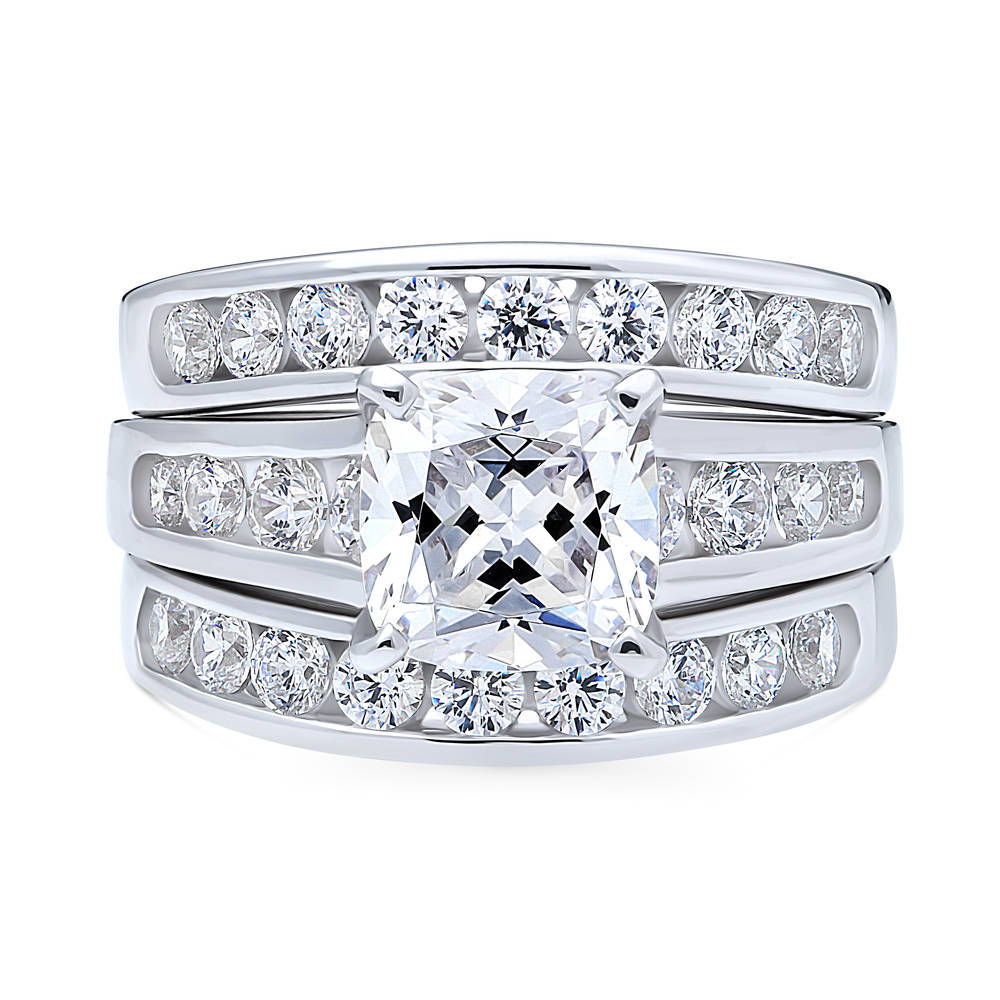 Solitaire 3ct Cushion CZ Ring Set in Sterling Silver