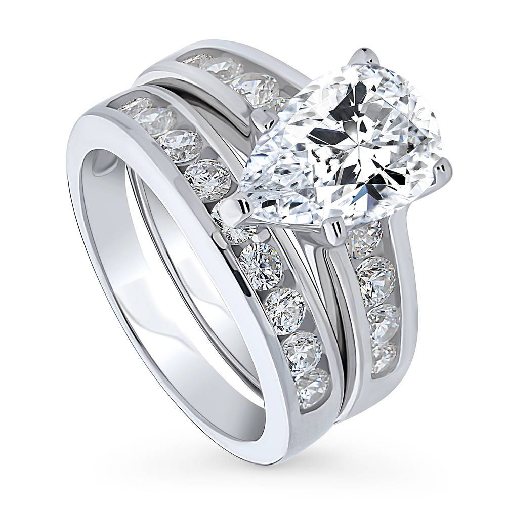 Front view of Solitaire 3ct Pear CZ Ring Set in Sterling Silver, 4 of 18