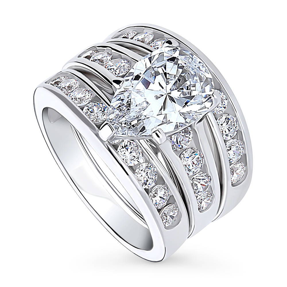 Front view of Solitaire 3ct Pear CZ Ring Set in Sterling Silver, 3 of 18