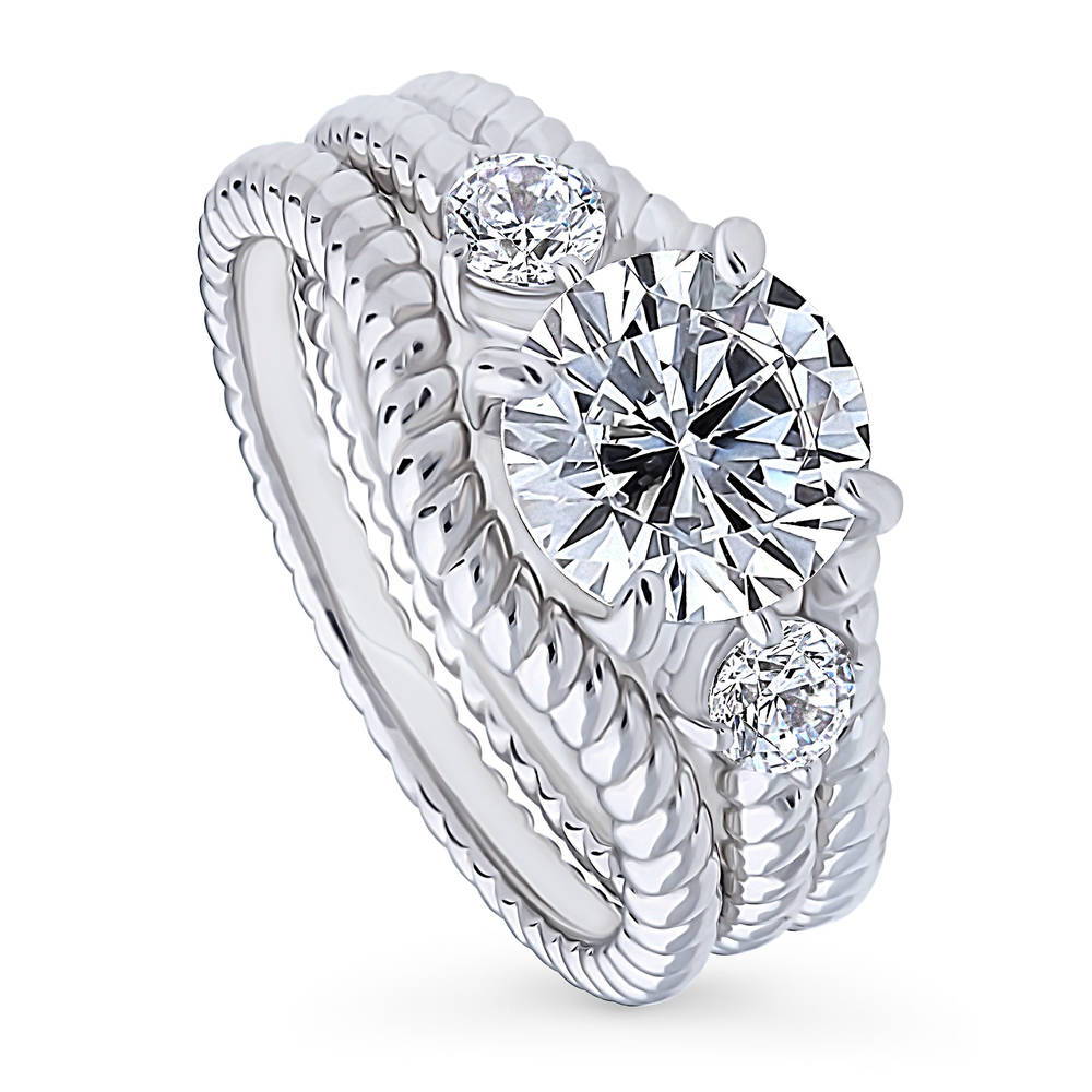 Front view of 3-Stone Woven Round CZ Ring Set in Sterling Silver, 4 of 17