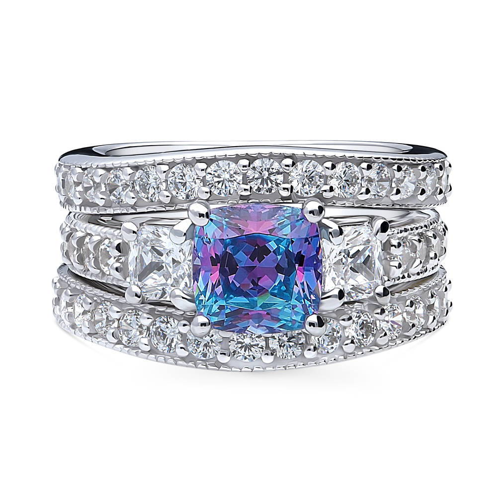 3-Stone Kaleidoscope Purple Aqua Cushion CZ Ring Set in Sterling Silver