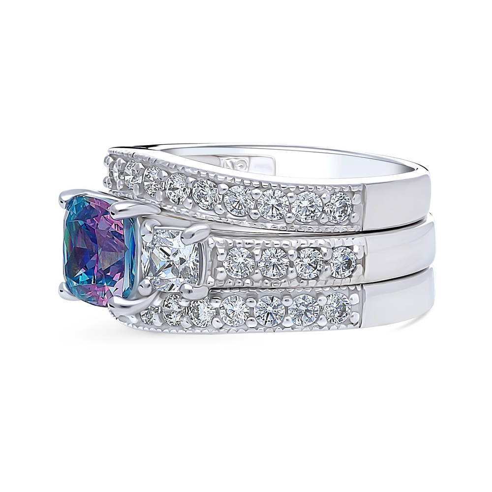 Angle view of 3-Stone Kaleidoscope Purple Aqua Cushion CZ Ring Set in Sterling Silver