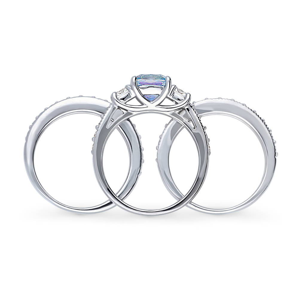Alternate view of 3-Stone Kaleidoscope Purple Aqua Cushion CZ Ring Set in Sterling Silver, 8 of 14