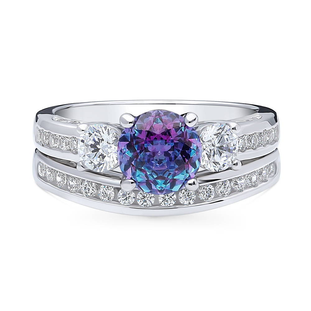 3-Stone Kaleidoscope Purple Aqua Round CZ Ring Set in Sterling Silver