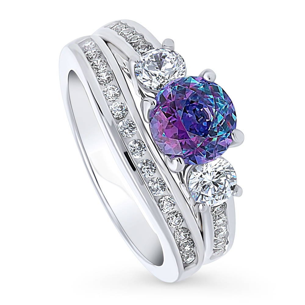 Front view of 3-Stone Kaleidoscope Purple Aqua Round CZ Ring Set in Sterling Silver, 4 of 17