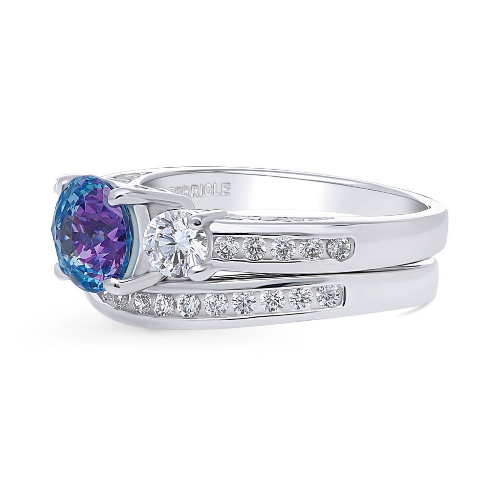 Angle view of 3-Stone Kaleidoscope Purple Aqua Round CZ Ring Set in Sterling Silver