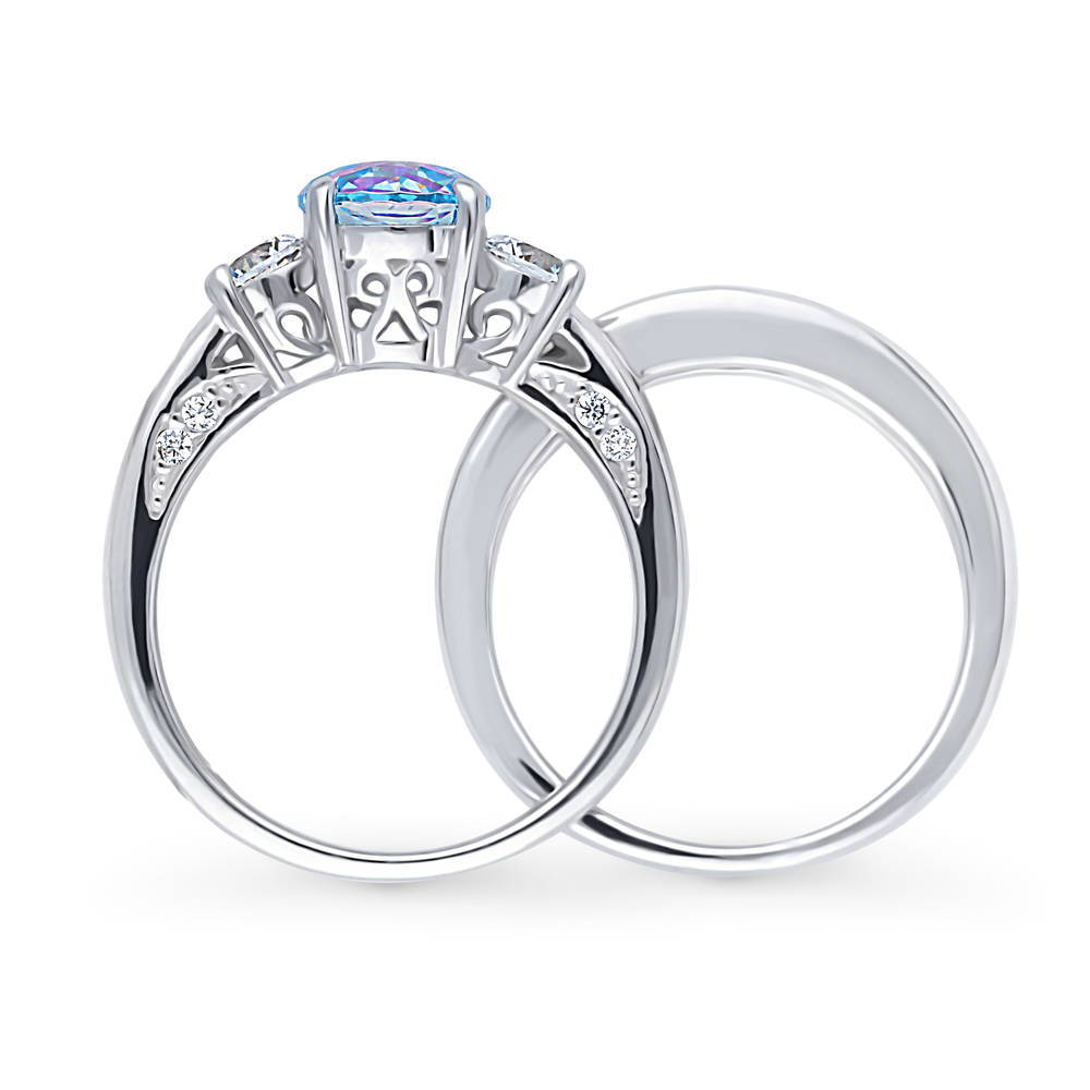 Alternate view of 3-Stone Kaleidoscope Purple Aqua Round CZ Ring Set in Sterling Silver, 8 of 17