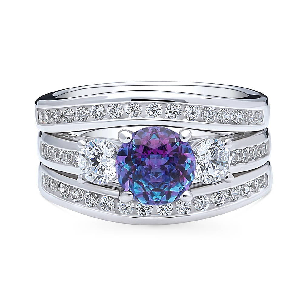 3-Stone Kaleidoscope Purple Aqua CZ Ring Set in Sterling Silver, 1 of 17