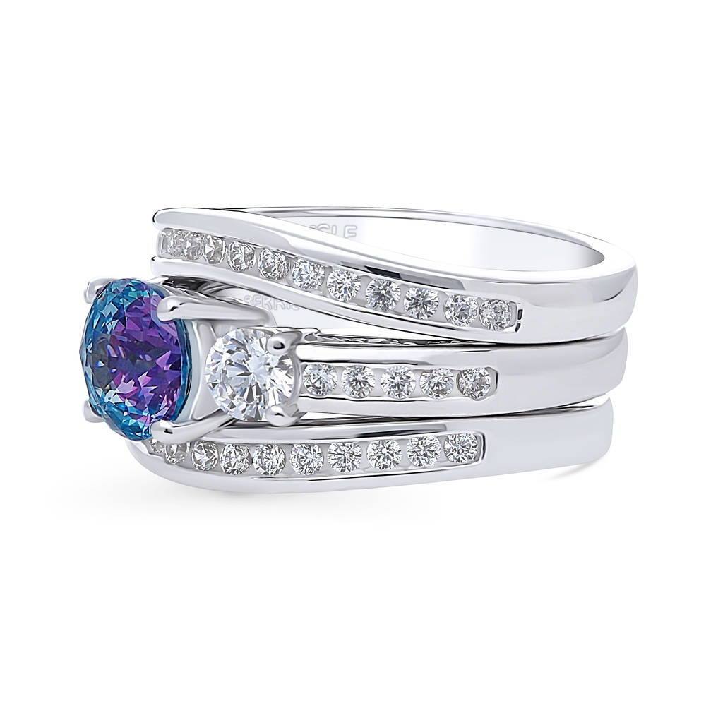Angle view of 3-Stone Kaleidoscope Purple Aqua CZ Ring Set in Sterling Silver, 5 of 17