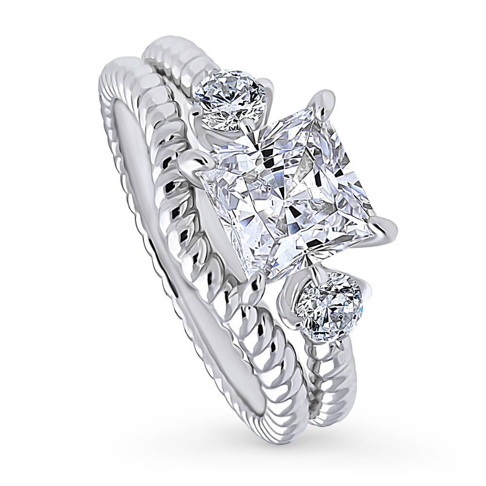 Front view of 3-Stone Woven 2ct Princess CZ Ring Set in Sterling Silver, 4 of 13