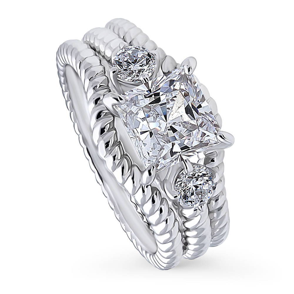 Front view of 3-Stone Woven 2ct Princess CZ Ring Set in Sterling Silver, 4 of 13